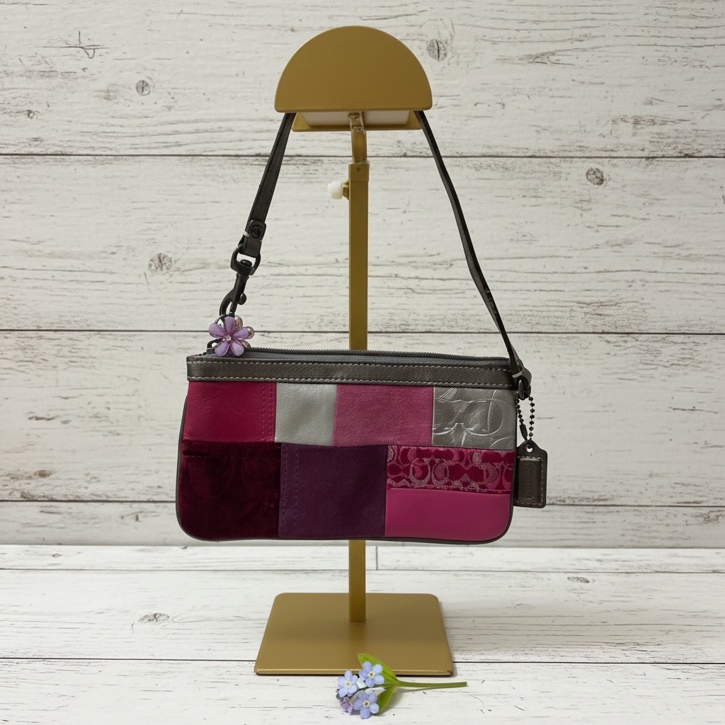Coach Patchwork Wristlet Pink Suede Leather Signature Small Bag Y2k